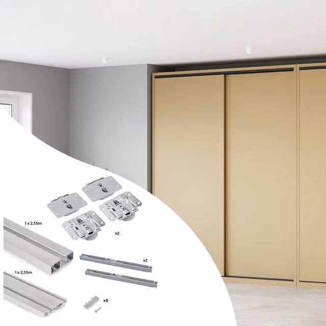 Kit di ferramenta per armadio 2 con porte scorrevoli e chiusura soft Flow2 con binari incassati 2,35 m, pannelli non i..