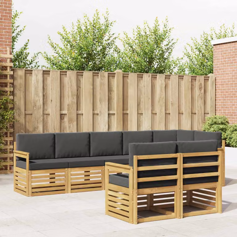 vidaXL Set di divani da esterno 8 pz a forma di L in legno di acacia con cuscini bianchi e antracite