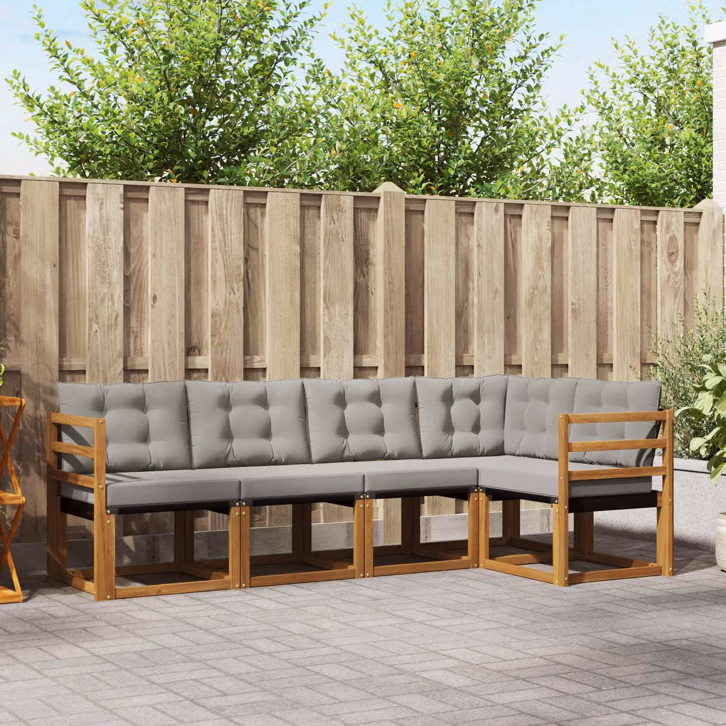 vidaXL Set di divani da esterno a forma di L composto da 5 pezzi in legno di acacia e tessuto textilene, colore Grigio e Marrone