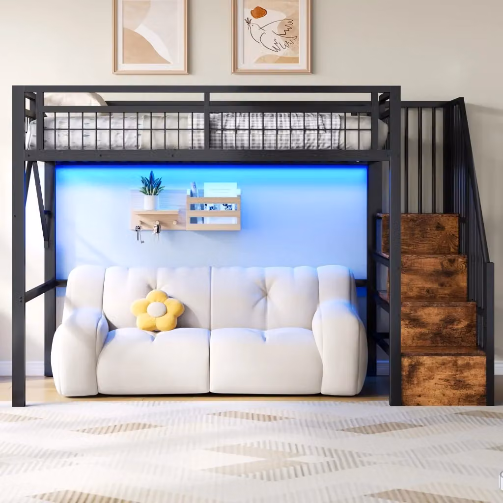 Letto a soppalco singolo moderno in metallo e MDF con scala contenitore, illuminazione LED sottostante e scomparti laterali, nero, L/P: 200 x 90 cm – 2