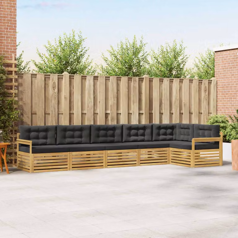 Set di divani da esterno vidaXL 6 pz a forma di L in legno di acacia con cuscini bianchi e antracite in poliestere resistente ai raggi UV