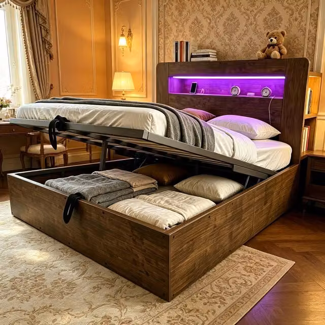 Letto multifunzione 140x200 cm in legno con contenitore idraulico; LED e prese integrate