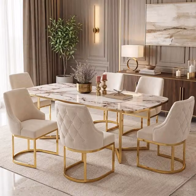 Set 6 Sedie da Pranzo ¨C Minimal ¨C Beige, rivestimento velluto, gambe metallo oro, stile moderno