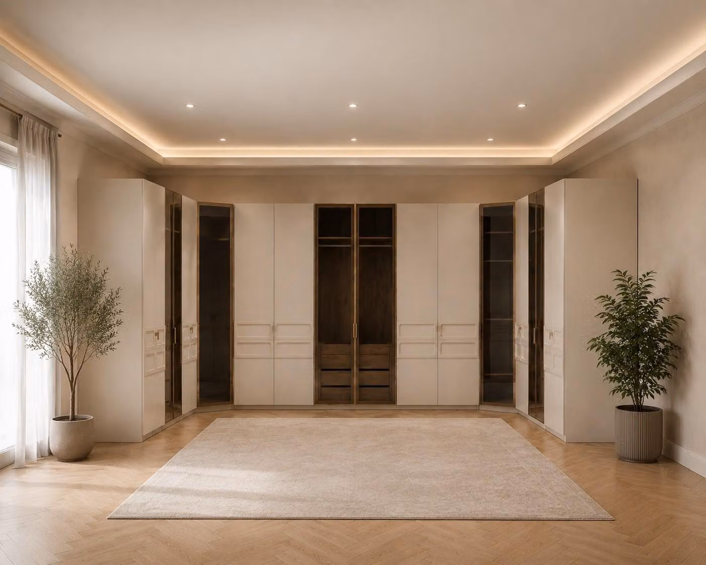 Armadio moderno, color beige, con ante in vetro, design specchiera
