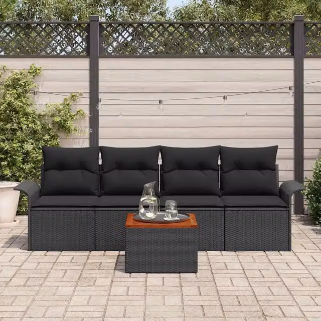 Set Divano da Giardino con archiviazione 5 pz-Sofa da Giardino-Divanetto da esterno Nero polyrattan 170615
