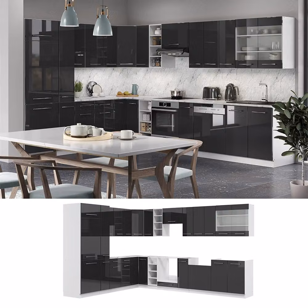 Cucina angolare moderna Vicco Fame-Line Antracite lucido e Bianco senza piano di lavoro L: 347 cm, P: 257 cm – 2