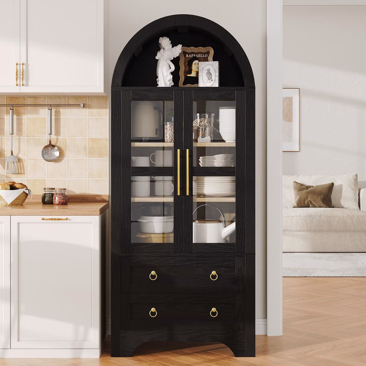 Mobiletto da cucina Flieks con vetro trasparente, ampio spazio di stoccaggio, credenza con ripiani regolabili, cassetti, mobiletti alti 76x40x180 cm, colore nero