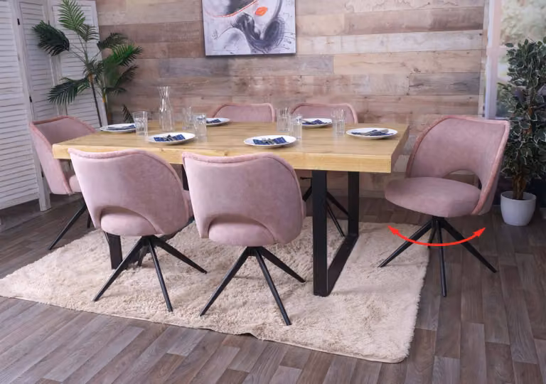 Set di 6 sedie da pranzo modello HWC-N72, sedia imbottita per cucina, girevole con sistema di ritorno automatico, rivestita in tessuto (420g/m²), colore rosa