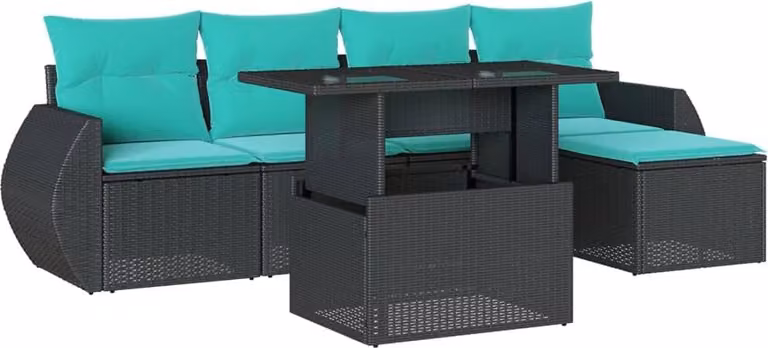 set di 6 divani da giardino con cuscini, in polyrattan nero