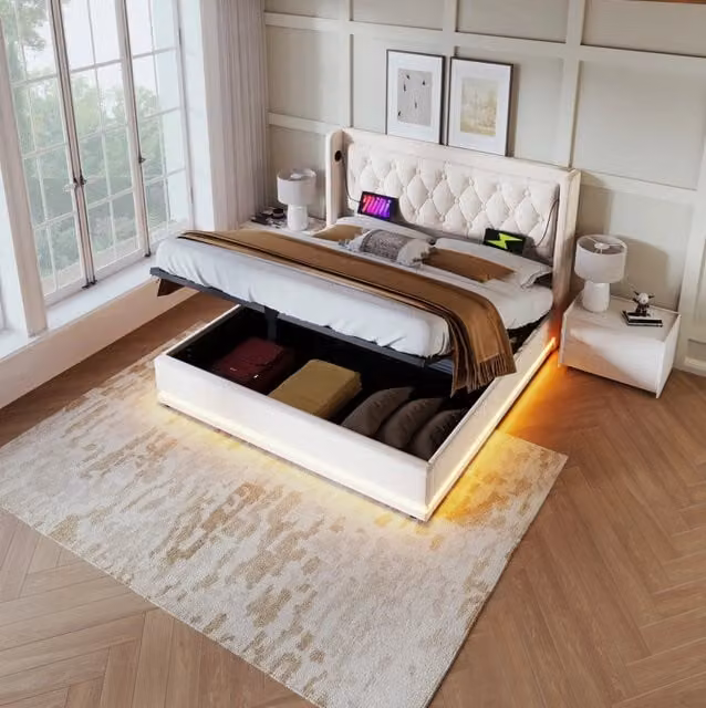 Letto matrimoniale imbottito 180x200 cm beige in cotone con contenitore idraulico, testiera con ricarica USB Tipo-C e illuminazione LED a 3 lati (senza materasso)