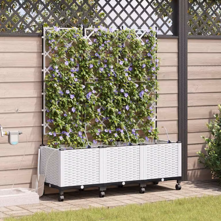 Set di 3 vasi da giardino con irrigazione e ruote vidaXL, colore bianco, in plastica
