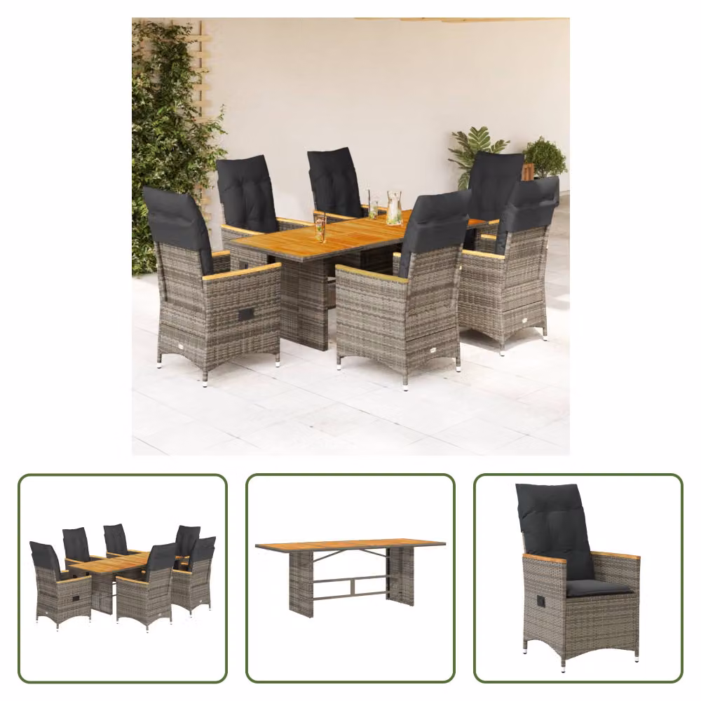 The Living Store Set da pranzo da giardino 7 pezzi con cuscini in poly rattan grigio