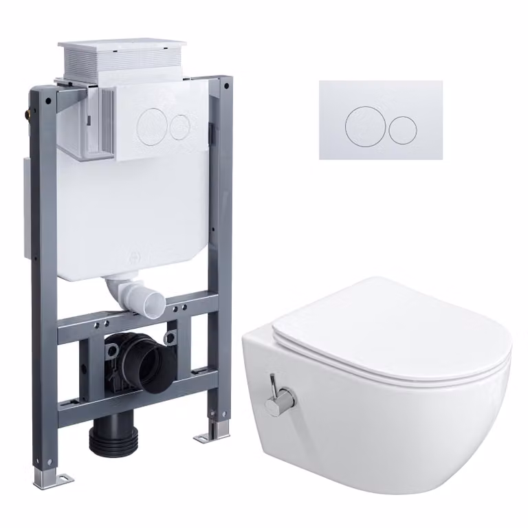 Set completo per WC sospeso con doccia integrata HOROW - 82 cm, composto da: elemento di supporto a muro, cassetta di scarico nascosta, vaso WC sospeso e pulsante rotondo bianco