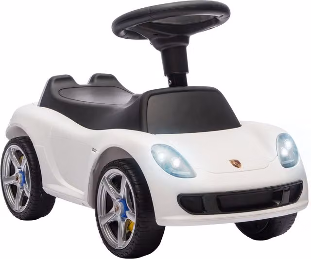 Auto cavalcabile a spinta AIYAPLAY per bambini 18-36 mesi con fari e suoni, modello Porsche, bianco