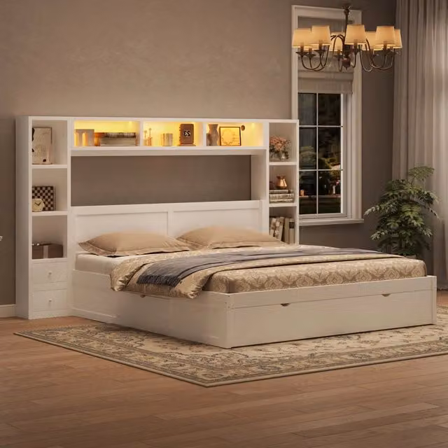 Letto contenitore 140x200 bianco con 7 cassetti; testiera libreria e luce LED