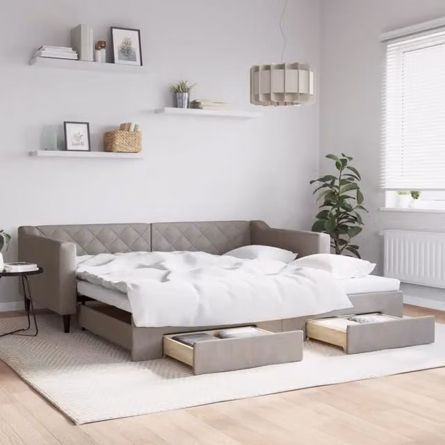 Divano Letto Estraibile con Cassetti vidaXL in Tessuto Beige o Grigio per Soggiorno e Camera da Letto L/P: 100 x 200 cm