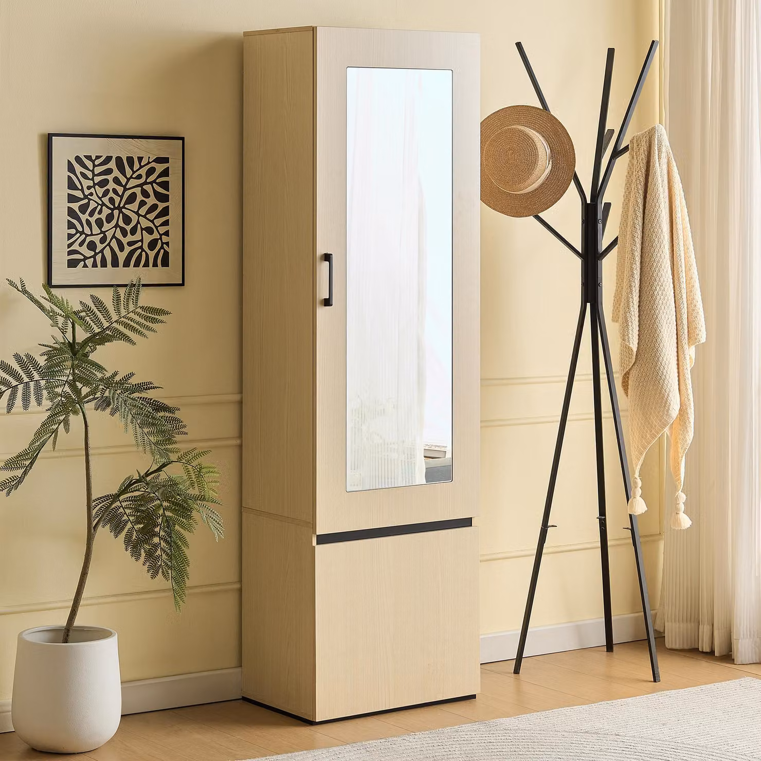 Armadio stretto con specchio e asta appendiabiti estraibile, ideale per ingresso, camera da letto e appartamento. Armadio per l'ingresso, stile naturale