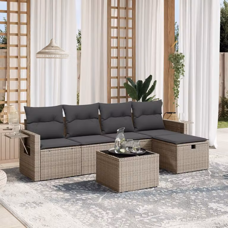 vidaXL Set Divano da Giardino a L 6 pz Grigio con Cuscini e Tavolino in Polyrattan e Metallo