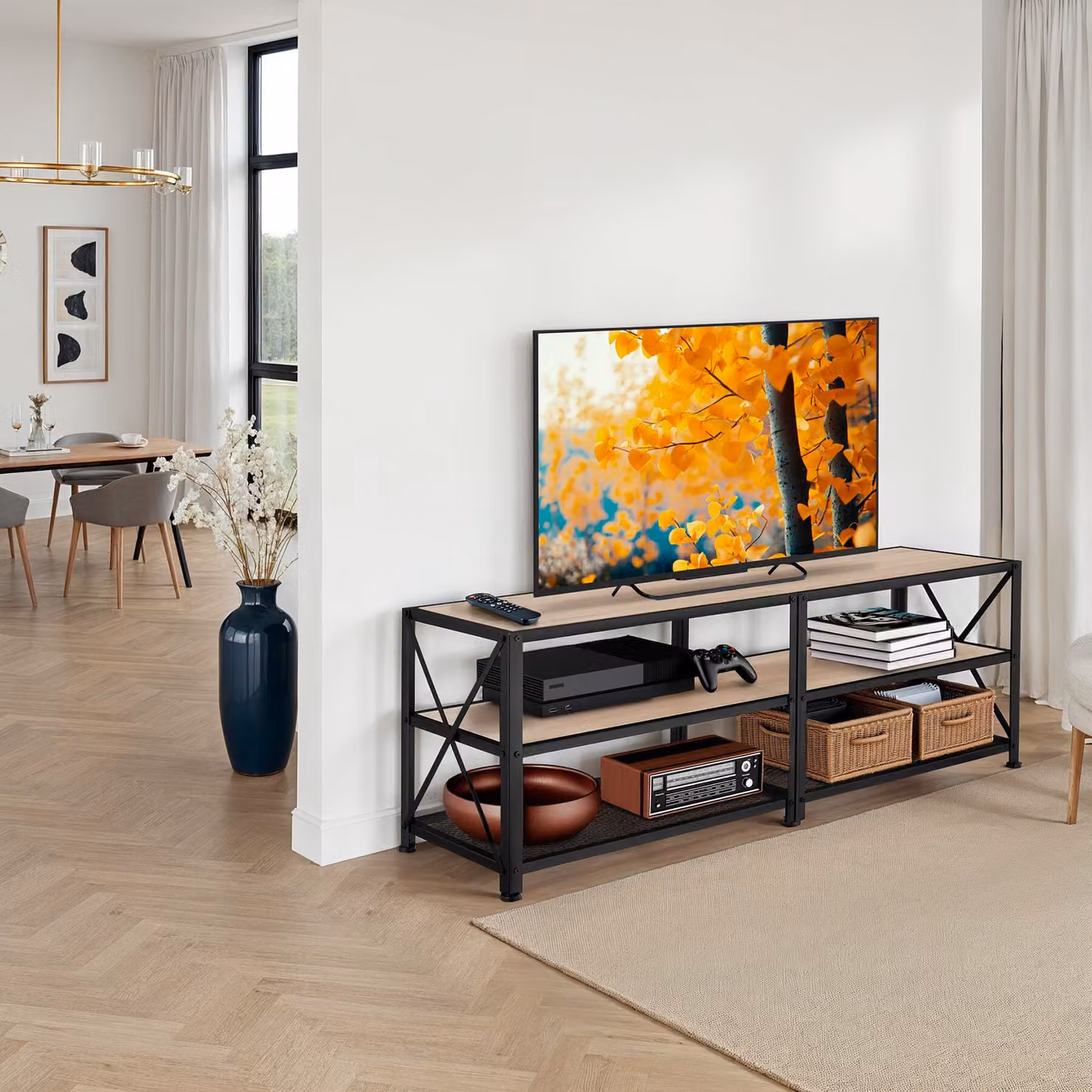 Mobile basso industriale tectake in legno rovere e metallo, colore beige, L: 141 cm, P: 41,5 cm, H: 50,5 cm – 2