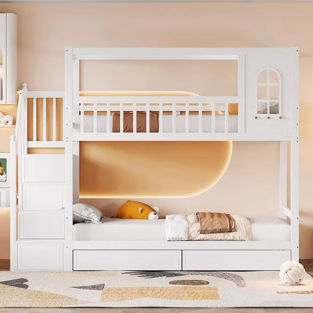 Letto a castello per bambini in legno massello - Xylo - 90x200 cm - Bianco - con cassetti e scala