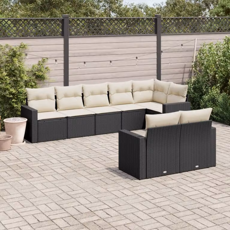 Set di divani da giardino vidaXL a forma di L con 8 pezzi in polyrattan nero e cuscini bianchi