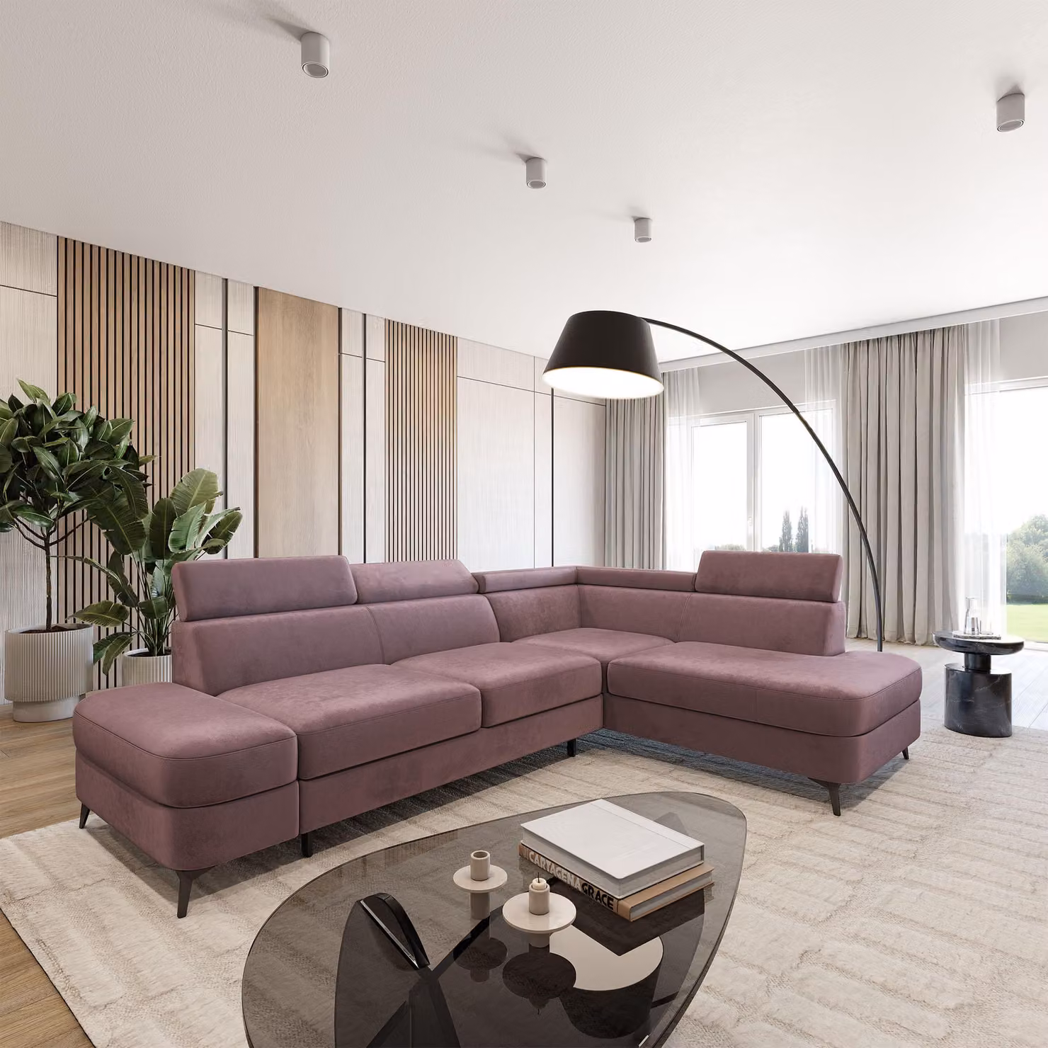 Divano ad angolo Masseno AVISE M R-S con funzione letto a L, divano con contenitore, divano da salotto, divano, divano letto, set divani - Viola, MONOLITH 62