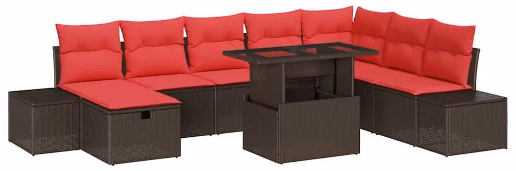 Set Divano da Giardino con cuscino 9 pcs Marrone Poly Rattan