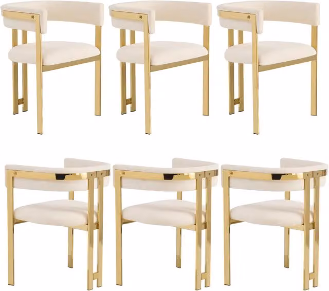 Set di 4 sedie da pranzo in tessuto chenille beige con gambe in metallo dorato, design moderno e confortevole