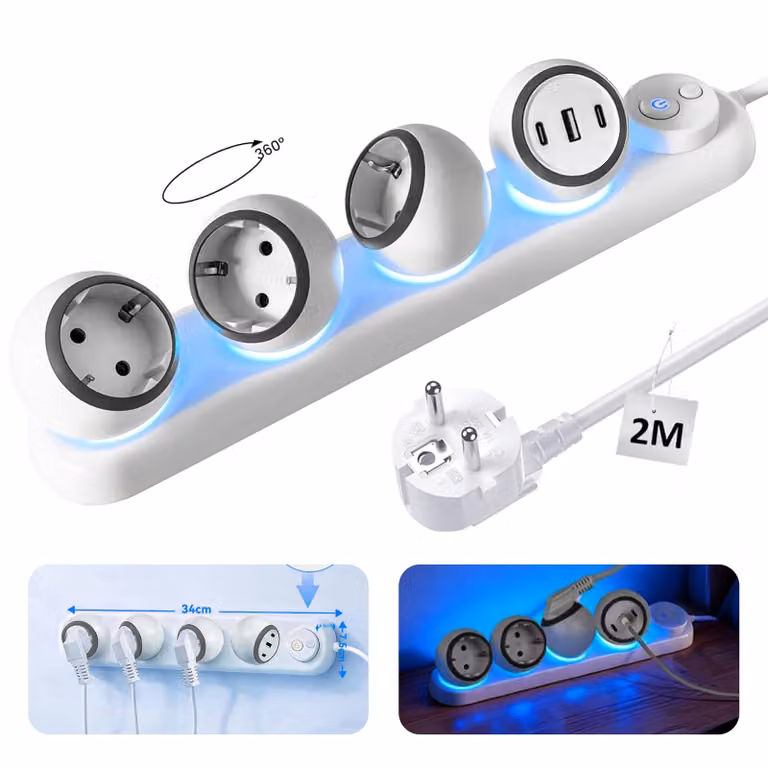 Multipresa a 3 prese ruotabile a 360°, con 3 porte USB (2 USB-C + 1 USB-A), interruttore e luce d'atmosfera a LED, montaggio a parete, multipresa con protezione da sovratensione