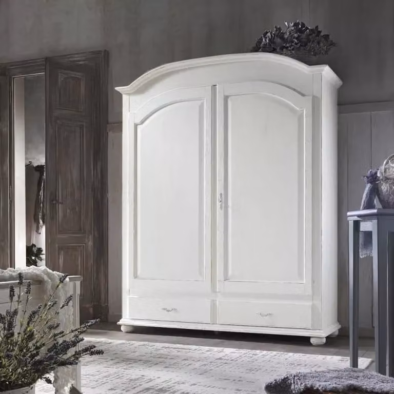 Armadio shabby chic in legno bianco con 2 ante e cassetti Mobili 2G L: 181 cm, P: 61 cm, H: 224 cm