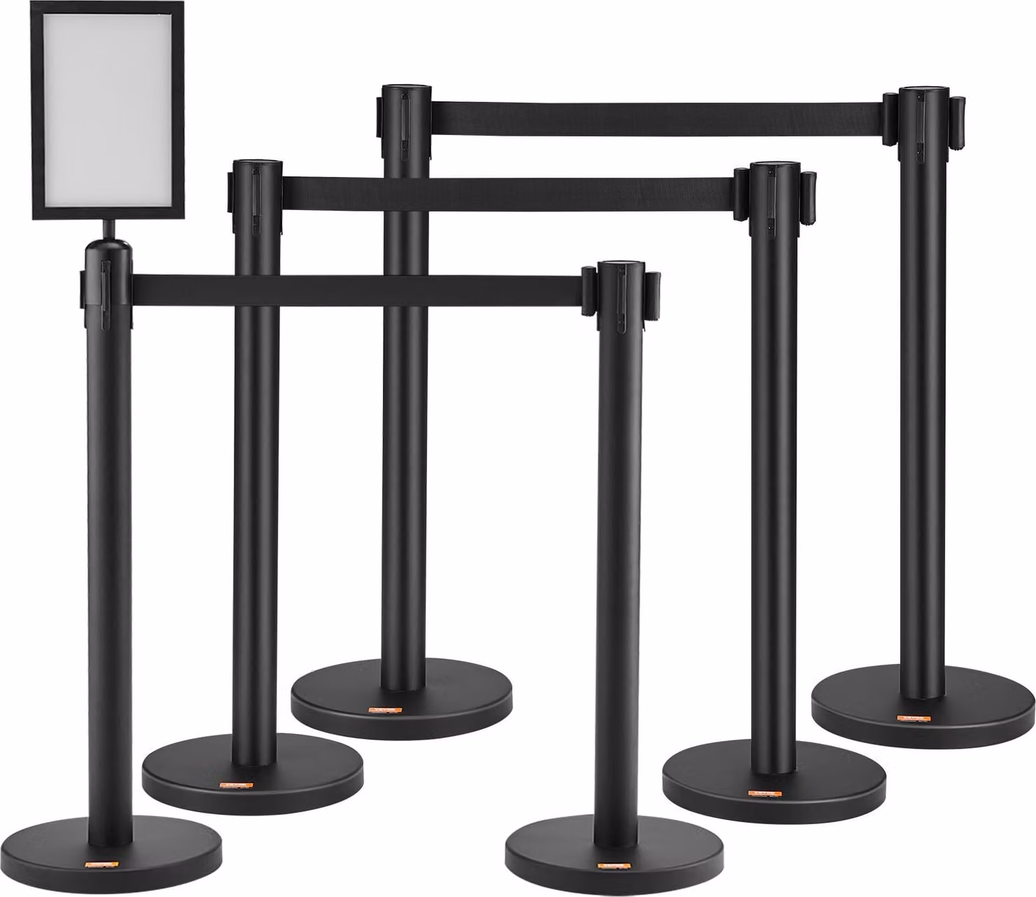 Sistema di guida per il personale Nastro di sbarramento Paletti di sbarramento 6 pezzi, 2 m x 48 mm Nastro retrattile nero, sistema di guida per il personale Paletti di sbarramento con segnaletica per aeroporti, fiere, campi di gara, ecc.