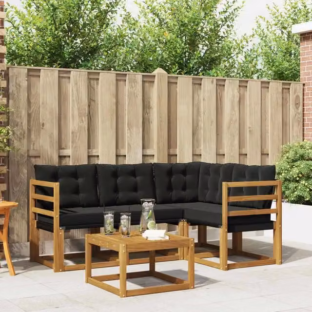 Set di divani da esterno vidaXL a forma di L con tavolo da caffè, composto da 5 pezzi in legno di acacia e tessuto textilene, colore marrone e nero – 1