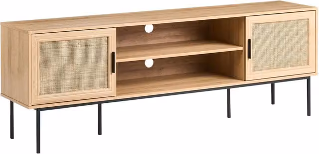 Mobile TV a 2 Ante in Rattan e Gambe in Metallo 180 x 63 cm Legno Chiaro