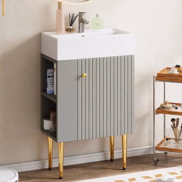 Mobile bagno MODFU con lavabo e armadietto, design moderno a pavimento, grigio e bianco, Larghezza: 68,5 cm