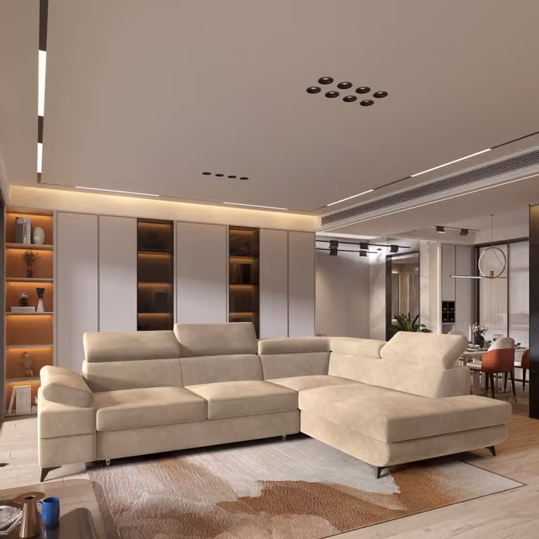 Divano angolare FAVIEN R-S di Masseno con funzione letto a L, divano con box letto, divano da soggiorno, divano, divano letto, set divano crema, MONOLITH 04