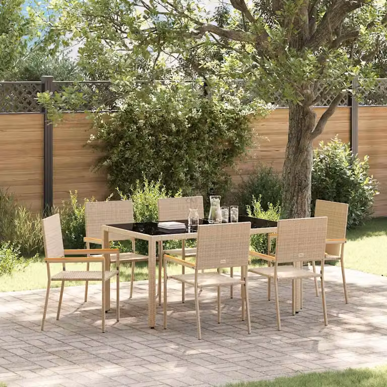 Set da pranzo per giardino e terrazza vidaXL in polyrattan e legno di acacia beige e marrone con tavolo in vetro, 7 pezzi