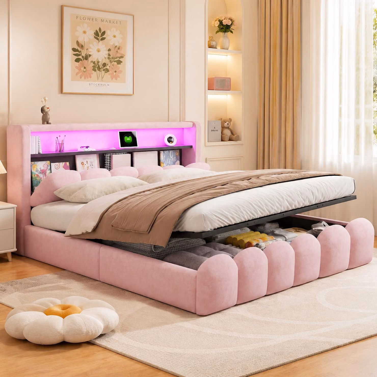 Letto imbottito Merax 180x200 cm con spazio contenitore a sollevamento idraulico, letto matrimoniale con prese USB e Type-C, illuminazione LED, rivestimento in velluto con motivo a petali, colore rosa
