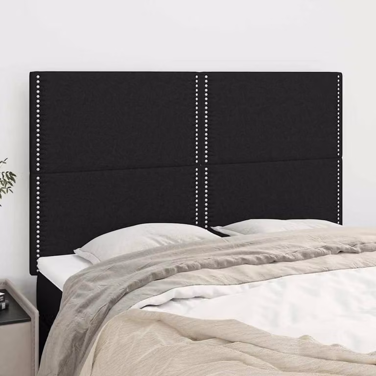 Testiera per letto vidaXL in tessuto nero con struttura in legno e MDF, L: 144 cm, P: 5 cm, H: 118-128 cm