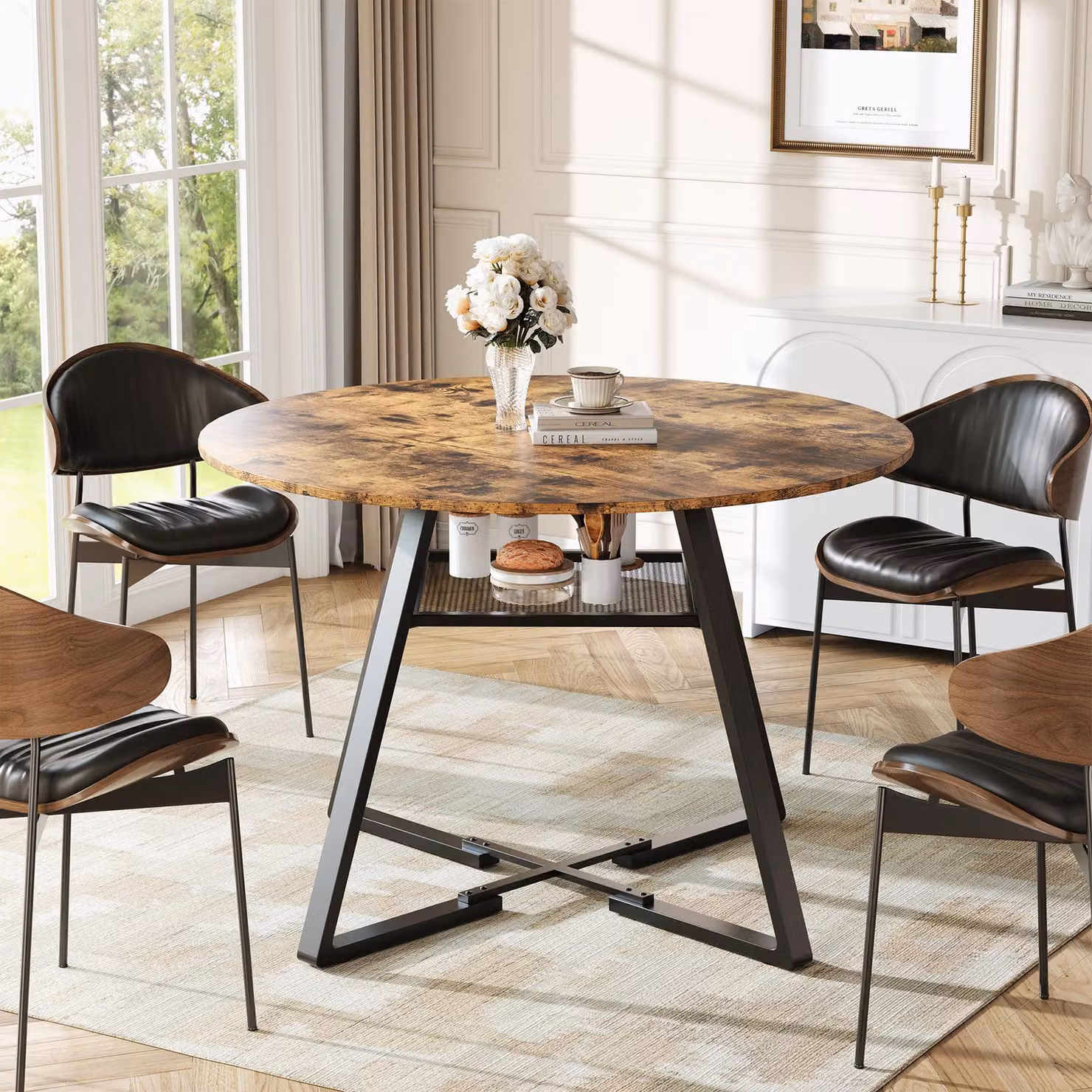 UnboxG tavolo da balcone tavolo da campeggio tavolo da giardino tavolo da bistrot, con struttura in metallo, tavolo da pranzo rotondo, per 4-6 persone, per sala da pranzo, soggiorno, cucina, marrone chiaro, 120x120x75 cm
