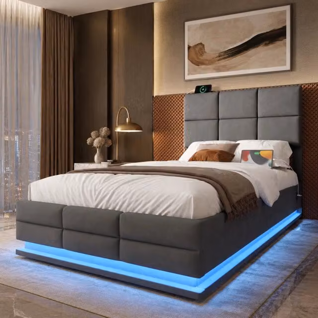 Letto moderno REDOM imbottito in velluto grigio con testiera regolabile, base contenitore a sollevamento e porte USB, L/P/H: 90 x 200 x 115 cm – 1