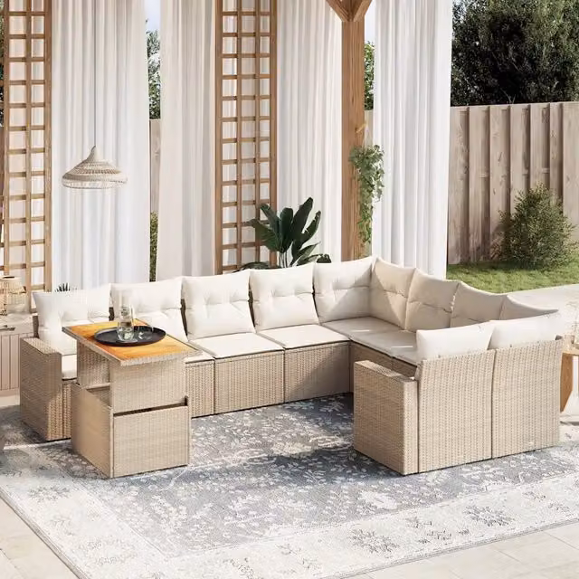 Set Divano da Giardino Moderno VIDAXL in Polyrattan con Cuscini Beige, 10 Pezzi, Forma a L – 1