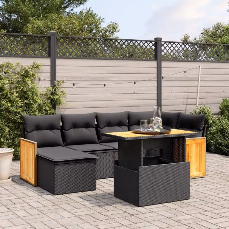 The Living Store Set di divani da giardino 7 pezzi con cuscini in polirattan nero