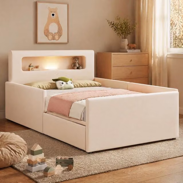 Letto imbottito per bambini MODFU beige con luce LED, porta USB e cassetti, L/P: 90 x 200 cm