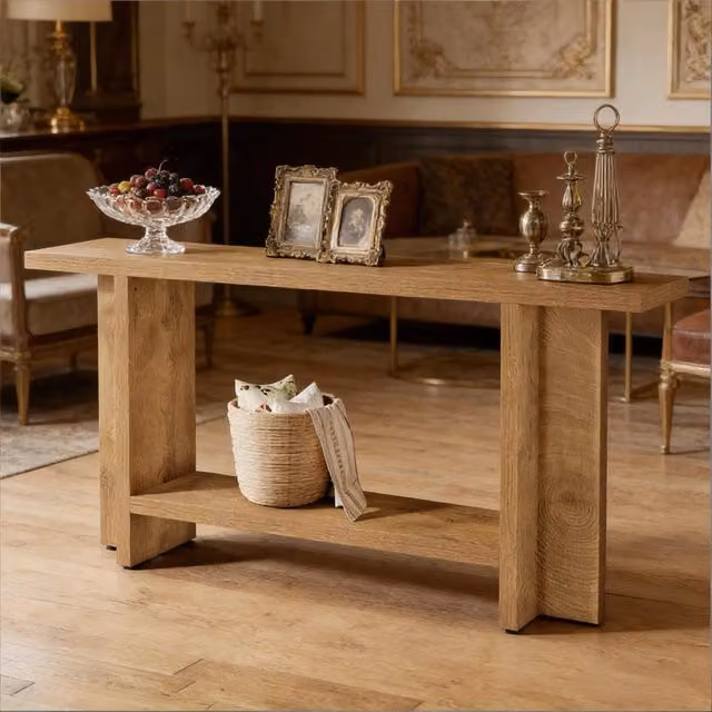 Consolle MIVRAY a due ripiani in MDF marrone con struttura a T per ingresso o dietro il divano L/P/H: 150 x 30 x 80 cm – 1
