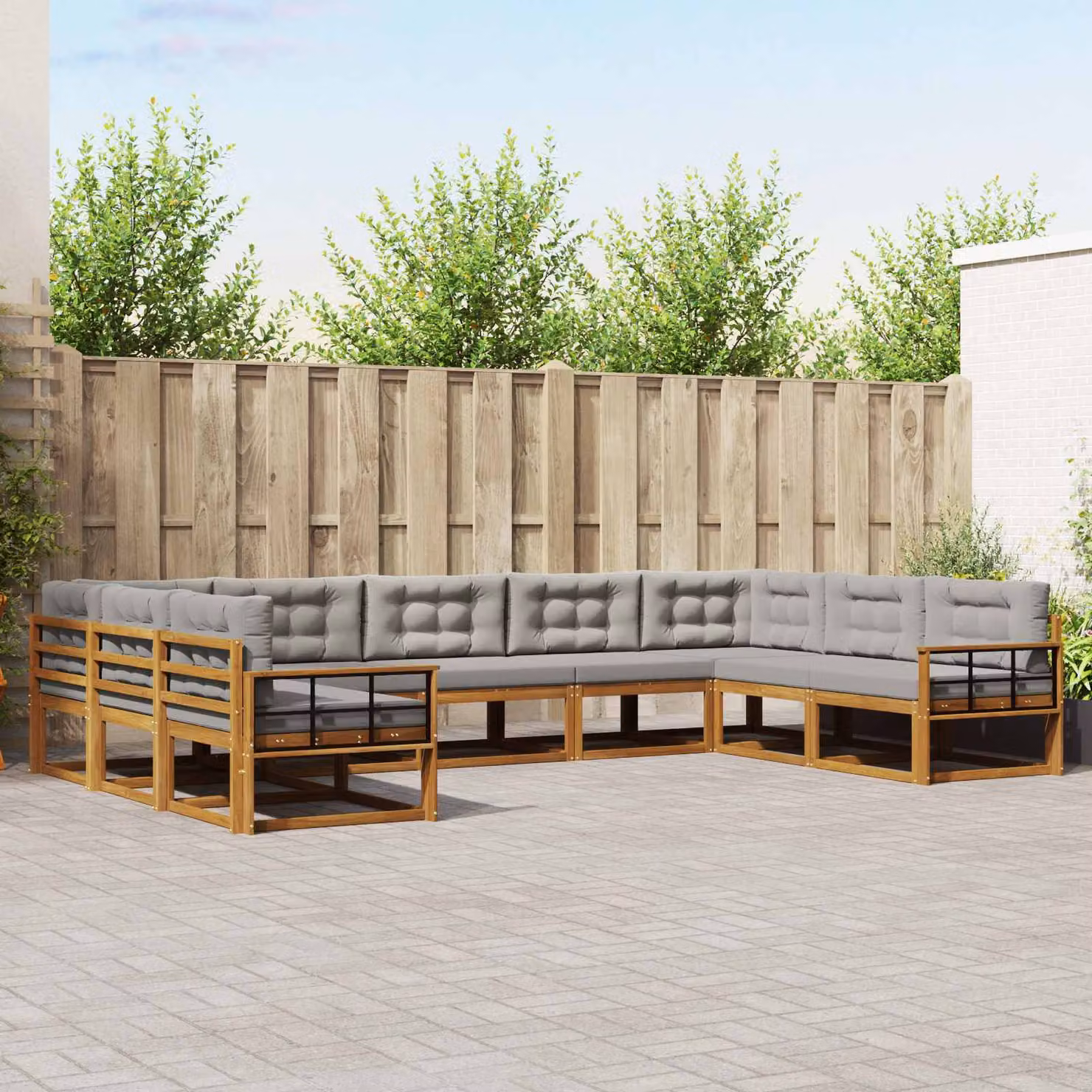 Set di divani da esterno vidaXL 9 pz a forma di L in legno di acacia con cuscini Grigio e Marrone