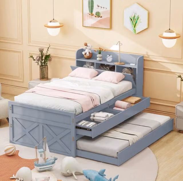 Letto Singolo in Legno Massiccio di Pino 90x190 cm con Cassetti Estraibili, Rete a Doghe e Comodino Grigio con Porta USB