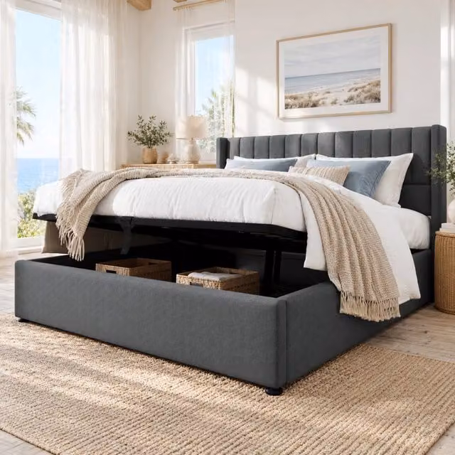 Letto contenitore 160x200 cm grigio in lino, base idraulica sollevabile, senza materasso