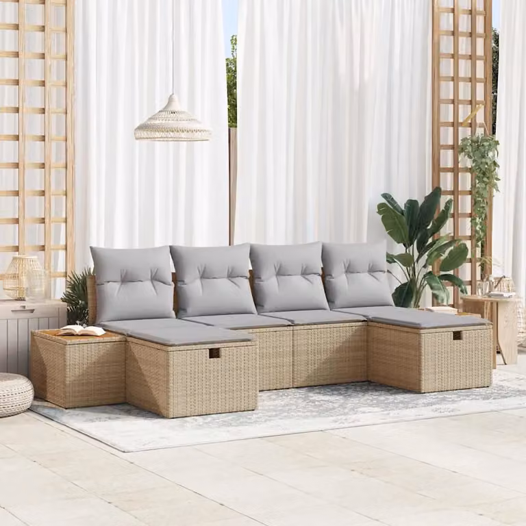 Set Divano da Giardino a L vidaXL in Polyrattan Beige con 6 Cuscini e Ottoman