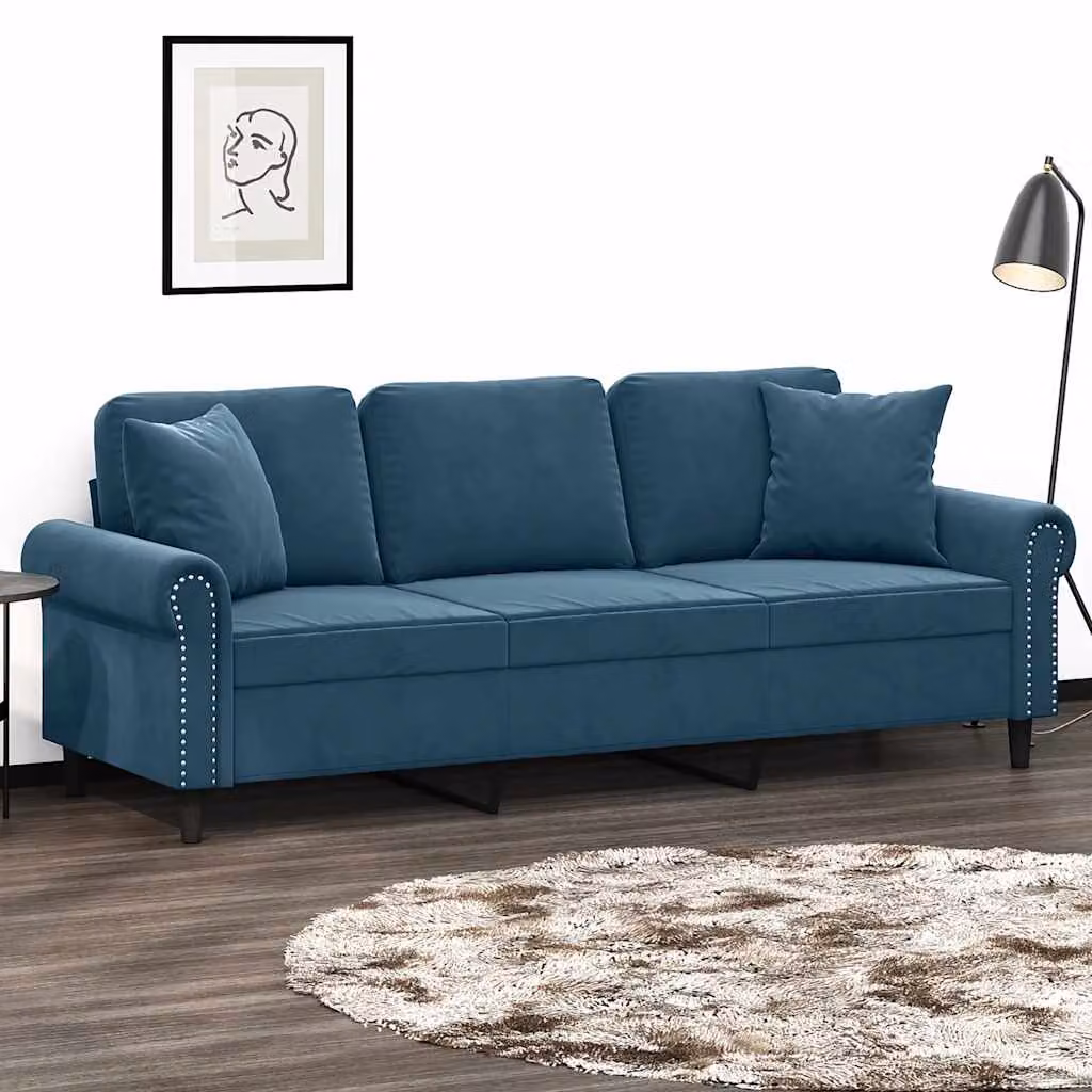 vidaXL Divano a 3 Posti Moderno in Velluto Blu con Cuscini e Struttura in Metallo – 1