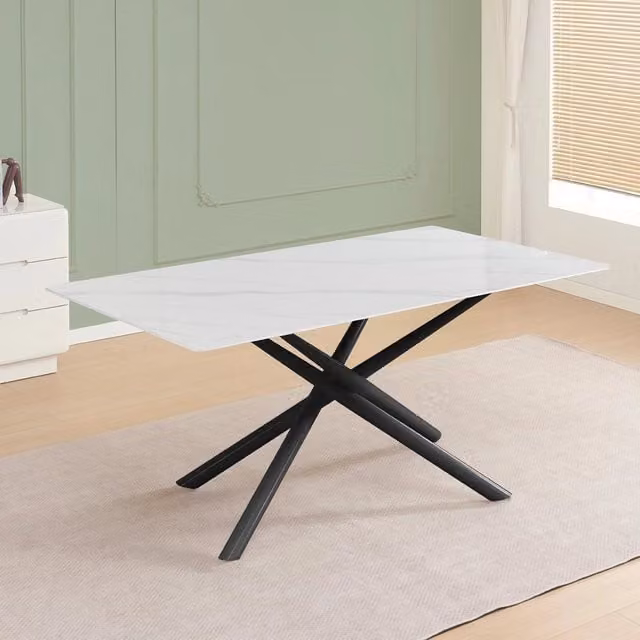 Tavolo fisso Corveo con piano effetto marmo bianco e struttura in metallo nero stile Shangai 180x90